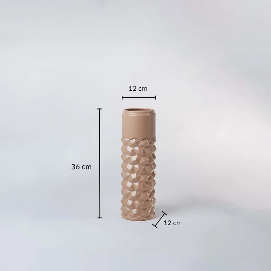 Beige geometric ceramic vase shown with measurements 36 cm height and 12 cm width to clearly display accurate product sizing.