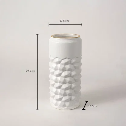 White textured ceramic vase shown with measurements 29.5 cm height and 13.5 cm width providing accurate size details for decor planning.