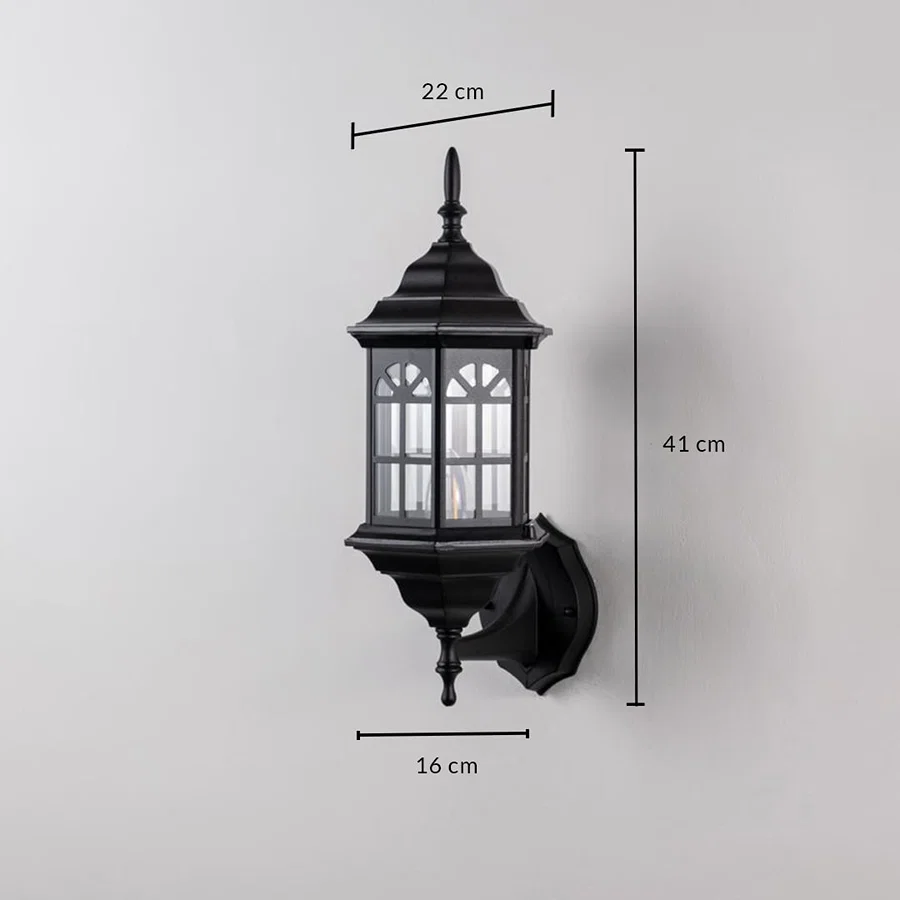 Lantern wall light with size dimensions 41 cm height 22 cm depth and 16 cm width is shown on white background.