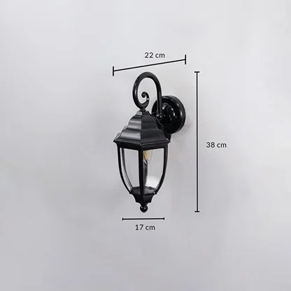 Lantern wall light dimensions displayed on white background 38 cm height 22 cm depth and 17 cm width.