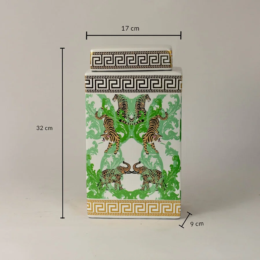 White ceramic jar measuring 32 cm in height and 17 cm in width featuring green foliage and tiger artwork.