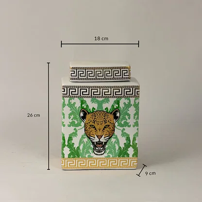 White ceramic jar measuring 26 cm in height and 18 cm in width featuring a hand-painted leopard design.