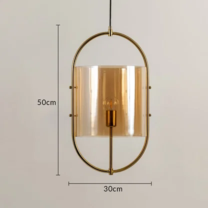 Gold metal frame and amber glass pendant light dimension image with 30 cm width and 50 cm height for bedside placement.