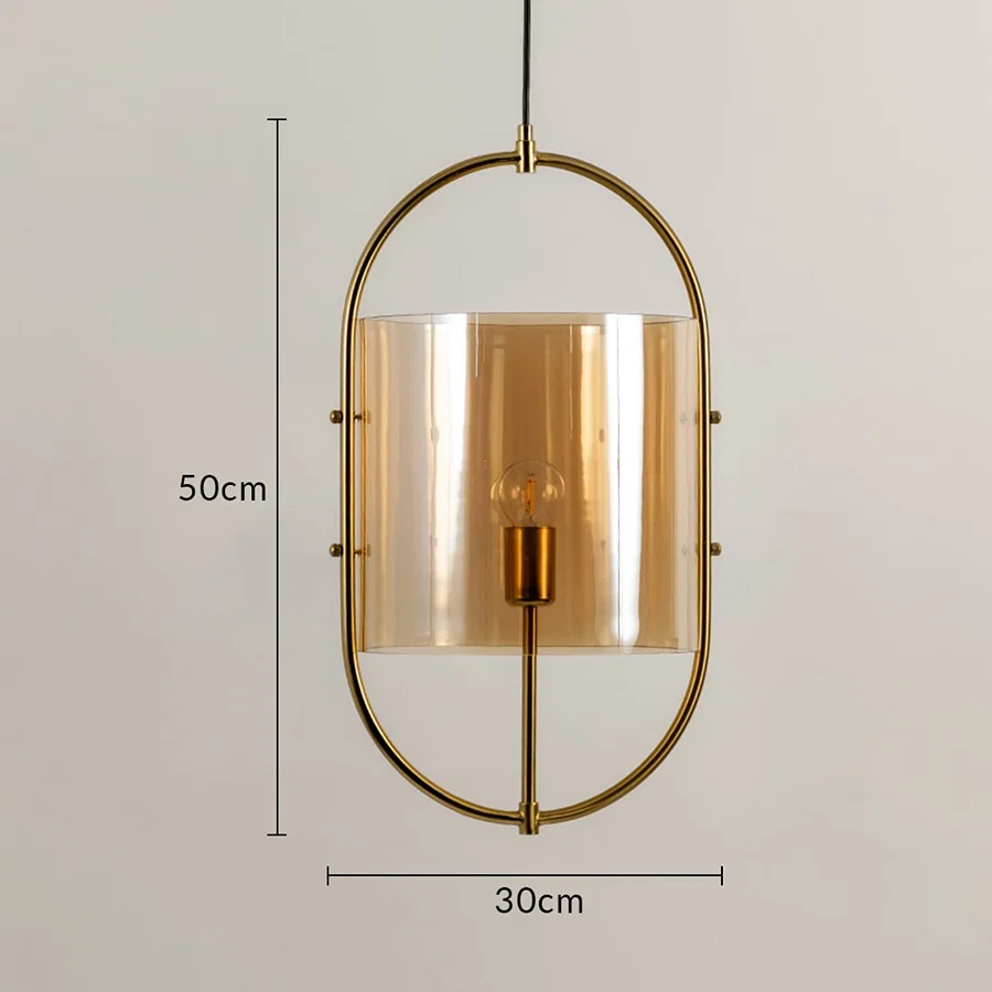 Gold metal frame and amber glass pendant light dimension image with 30 cm width and 50 cm height for bedside placement.