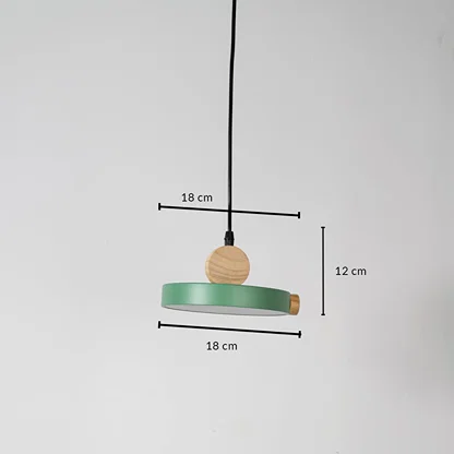 Green metal pendant light measuring 18 cm width and 12 cm height crafted for stylish ceiling lighting decor.