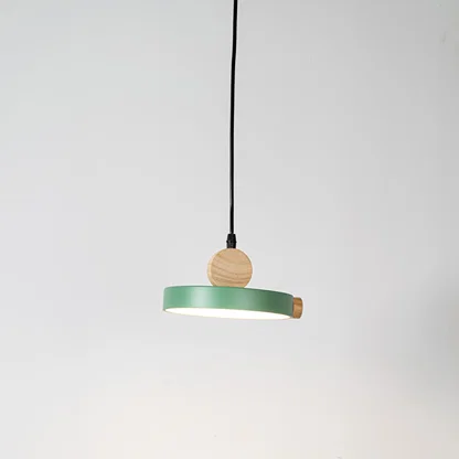 Green metal pendant light with natural wood accents and minimalist design for modern ceiling lighting decor.