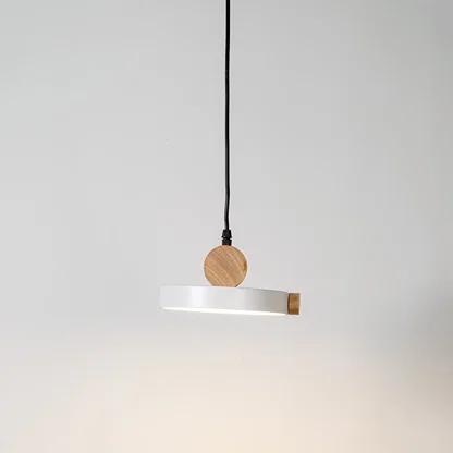 White metal pendant light with natural wood accents and minimalist design for contemporary ceiling lighting decor.