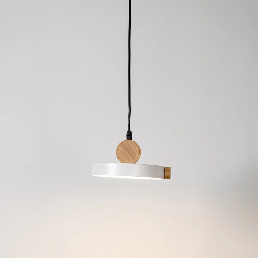 White metal pendant light with natural wood accents and minimalist design for contemporary ceiling lighting decor.