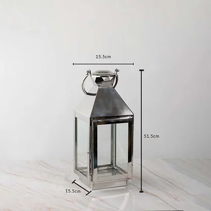 Tall silver lantern dimensions 51.5cm height and 15.5cm width with stainless steel body and glass sides.