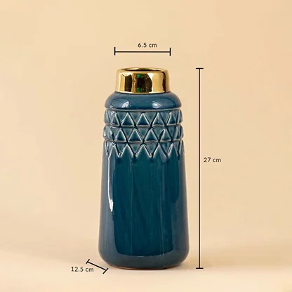 Dark blue textured ceramic vase with gold rim shown with visible measurements of 27 cm height 12.5 cm base width and 6.5 cm top diameter for clear size reference.