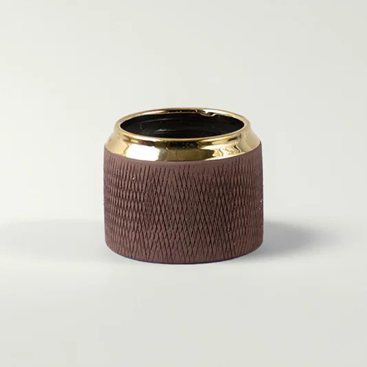 Brown textured ceramic planter pot with gold rim detailing for tabletop plant styling and modern home decor.