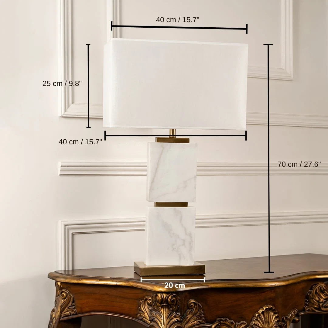 White rectangular shade marble block table lamp, base 70 x 20 x 20 cm (27.6 x 7.9 x 7.9 inches), shade 25 x 40 x 40 cm (9.8 x 15.7 x 15.7 inches) dimensions