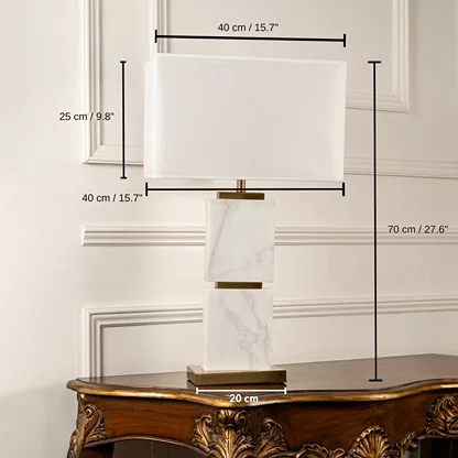 White rectangular shade marble block table lamp, base 70 x 20 x 20 cm (27.6 x 7.9 x 7.9 inches), shade 25 x 40 x 40 cm (9.8 x 15.7 x 15.7 inches) dimensions