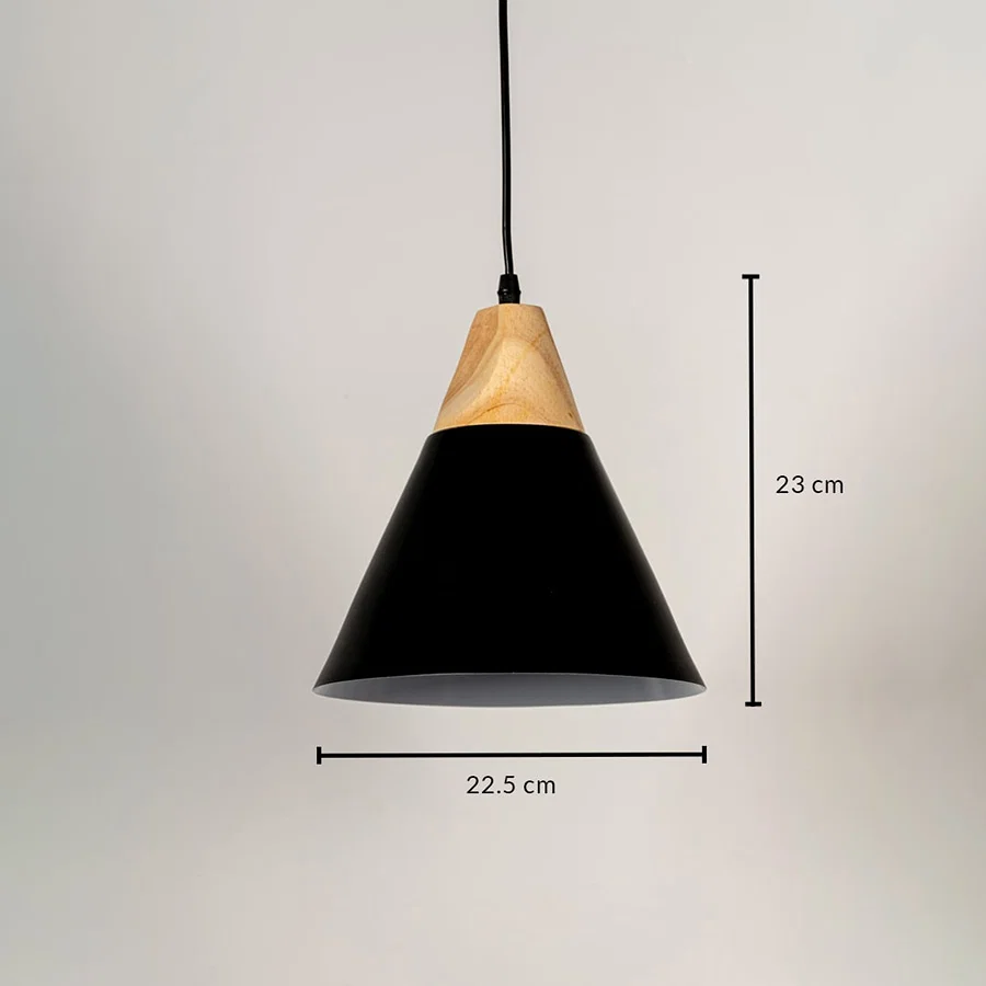 Black metal pendant light measuring 22.5 cm width and 23 cm height crafted for stylish ceiling lighting decor.
