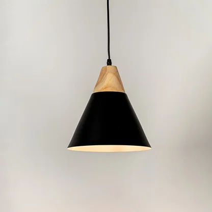 Black metal pendant light with natural wood accents and minimalist cone design for contemporary ceiling lighting decor.