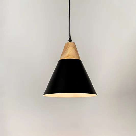 Black metal pendant light with natural wood accents and minimalist cone design for contemporary ceiling lighting decor.