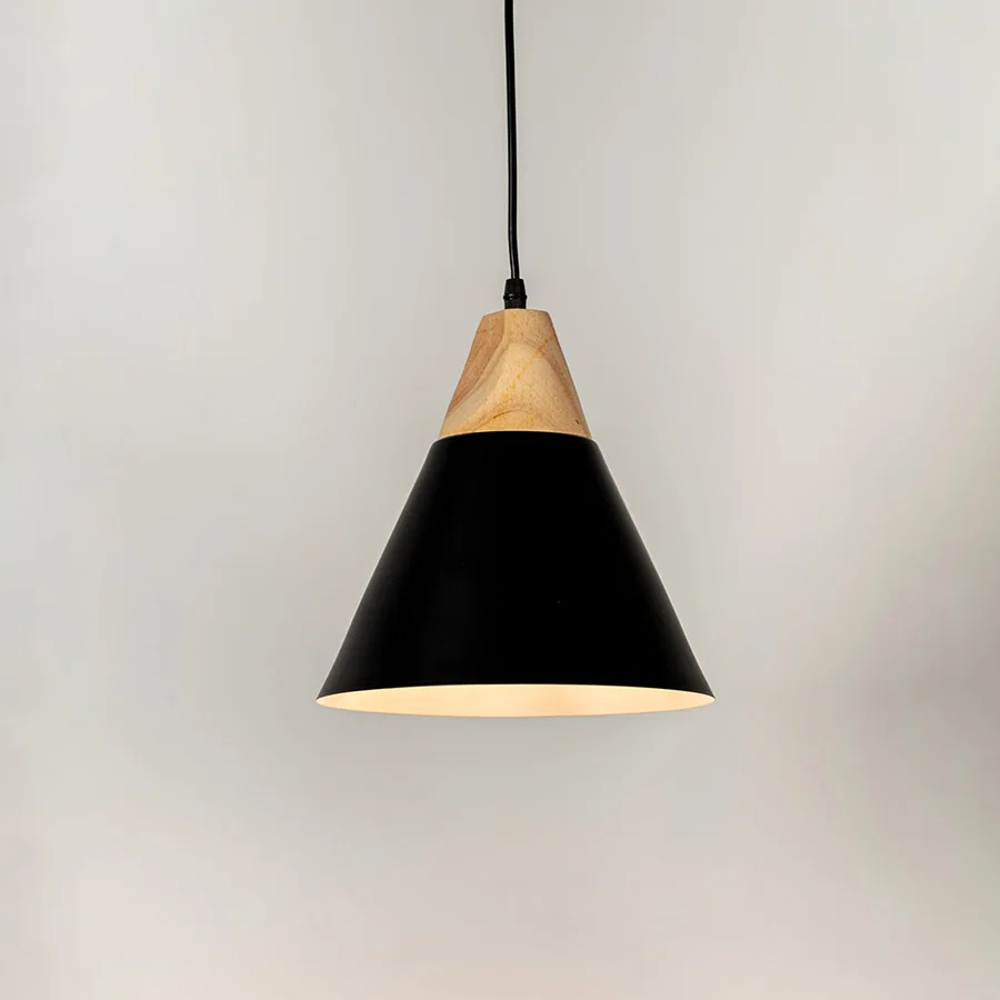 Black metal pendant light with natural wood accents and minimalist cone design for contemporary ceiling lighting decor.