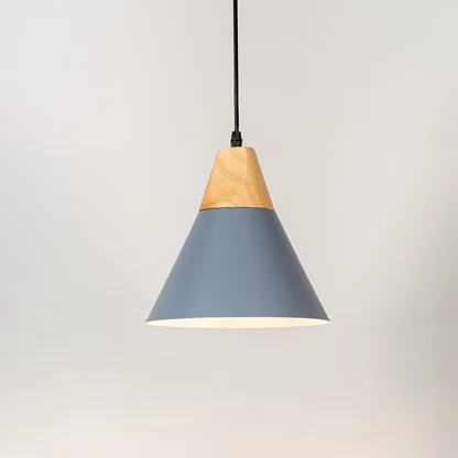 Blue metal pendant light with natural wood accents and minimalist cone design for contemporary ceiling lighting decor.