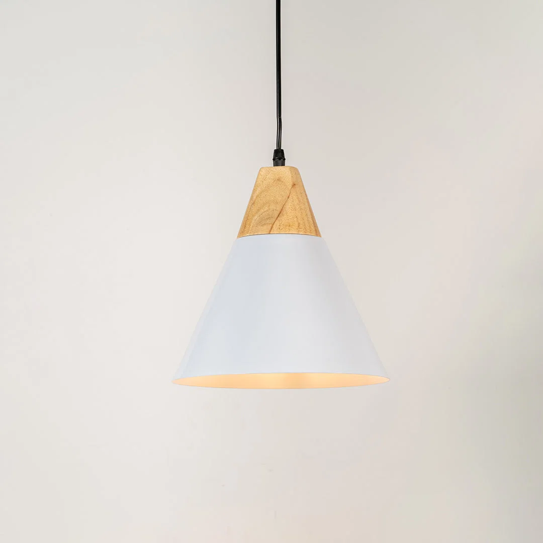 White metal pendant light with natural wood accents and minimalist cone design for contemporary ceiling lighting decor.