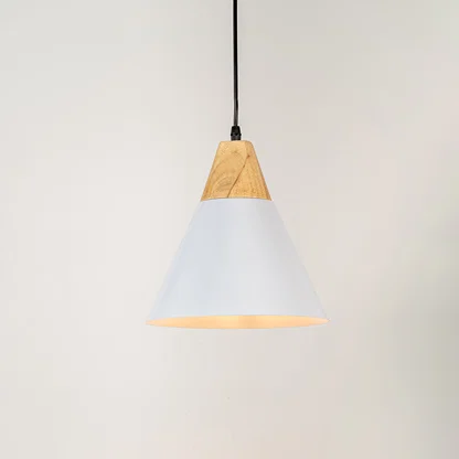 White metal pendant light with natural wood accents and minimalist cone design for contemporary ceiling lighting decor.