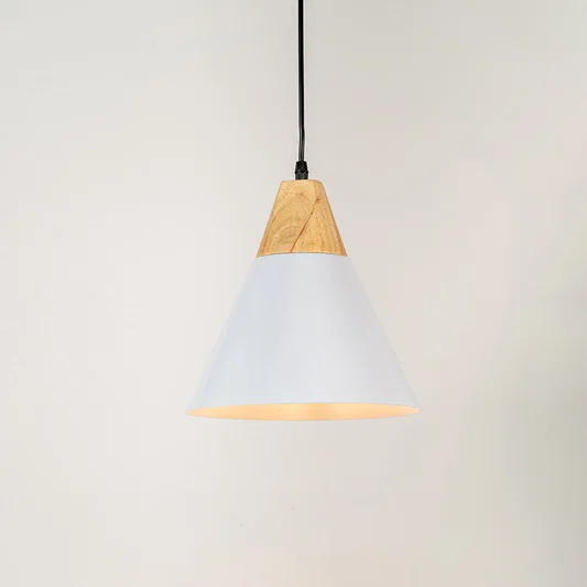 White metal pendant light with natural wood accents and minimalist cone design for contemporary ceiling lighting decor.