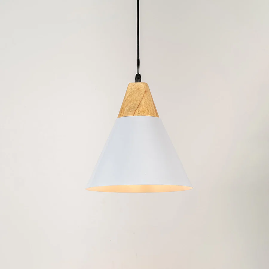 White metal pendant light with natural wood accents and minimalist cone design for contemporary ceiling lighting decor.