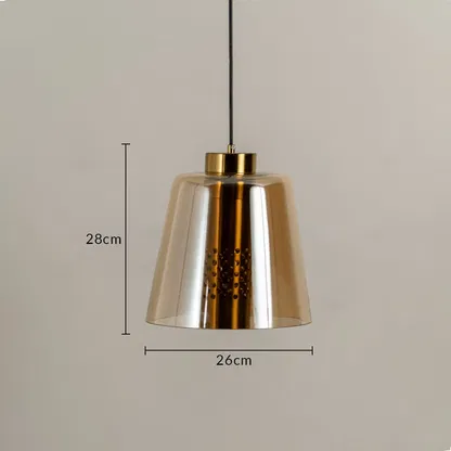 Amber glass and gold metal pendant light dimension image with 26 cm width and 26 cm height for kitchen island placement.