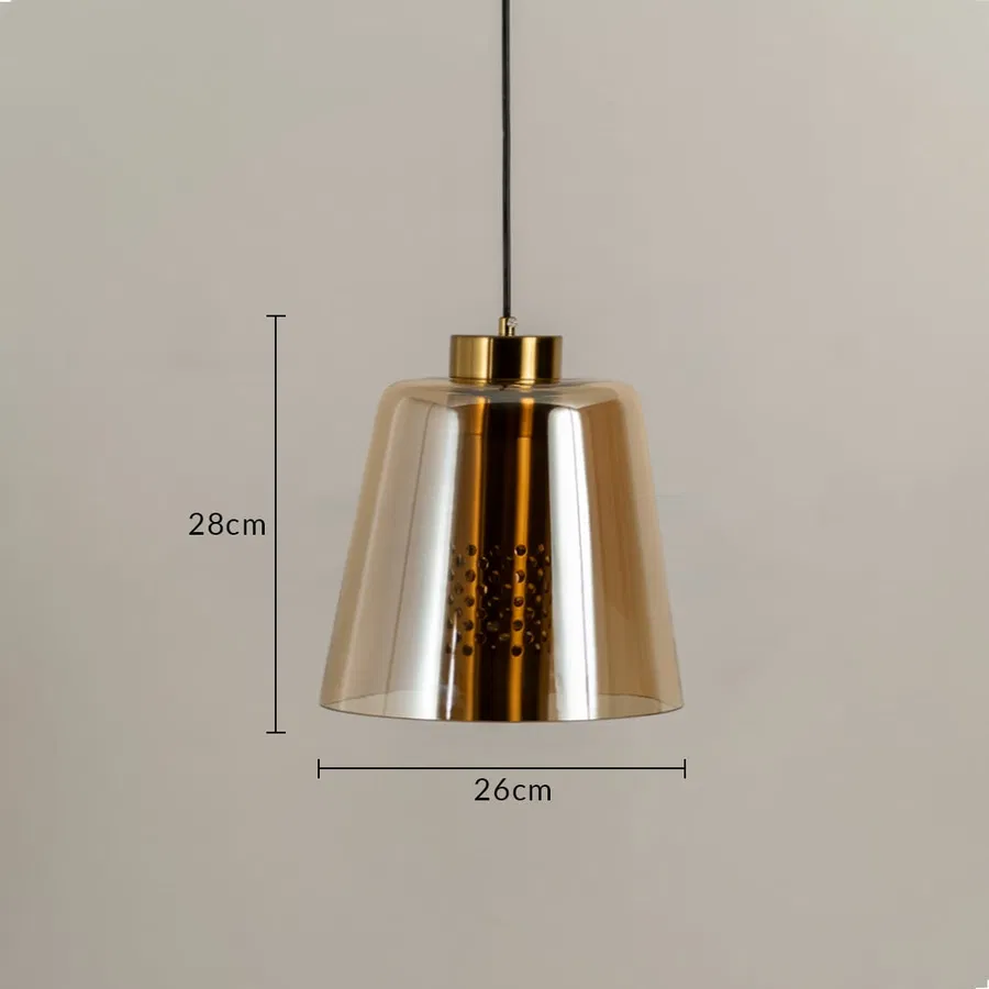 Amber glass and gold metal pendant light dimension image with 26 cm width and 26 cm height for kitchen island placement.
