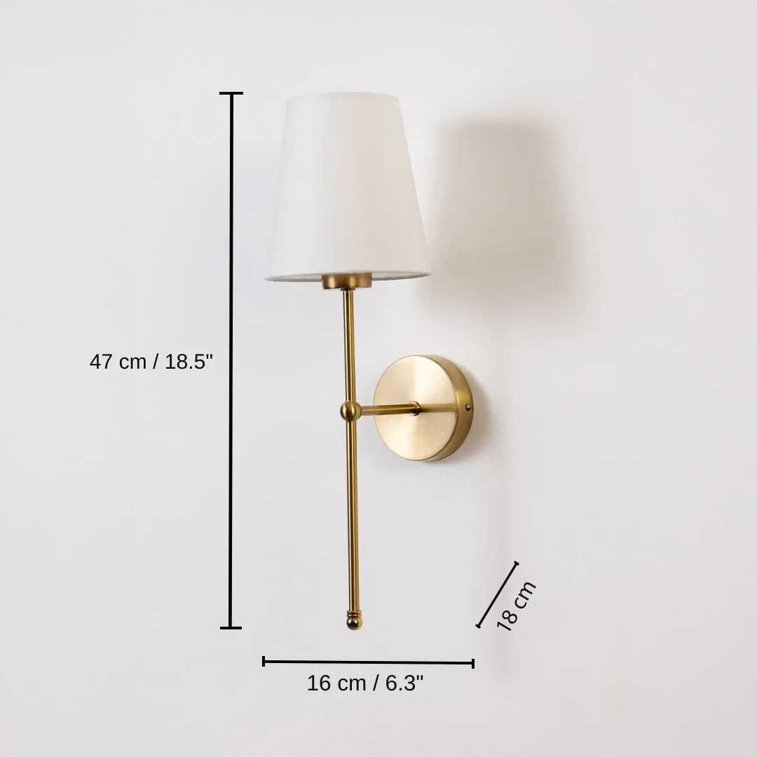 Gold wall light with white shade, base 47 x 16 x 18 cm (18.5 x 6.3 x 7.1 inches), canopy 10 x 10 cm (3.9 x 3.9 inches) dimensions