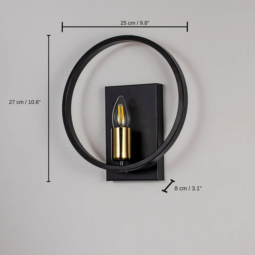 Black wall light with gold bulb holder and circular frame, 27 x 25 x 8 cm (10.6 x 9.8 x 3.1 inches) dimensions