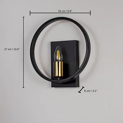 Black wall light with gold bulb holder and circular frame, 27 x 25 x 8 cm (10.6 x 9.8 x 3.1 inches) dimensions