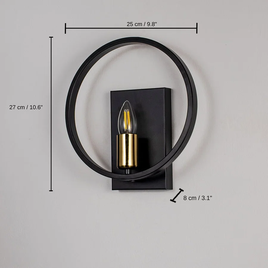 Black wall light with gold bulb holder and circular frame, 27 x 25 x 8 cm (10.6 x 9.8 x 3.1 inches) dimensions