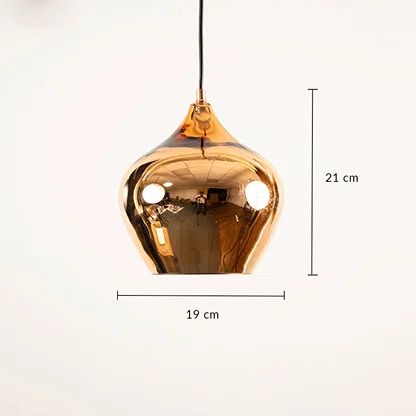 Copper finish glass pendant light dimension image with 19 cm width and 21 cm height for bedside placement.