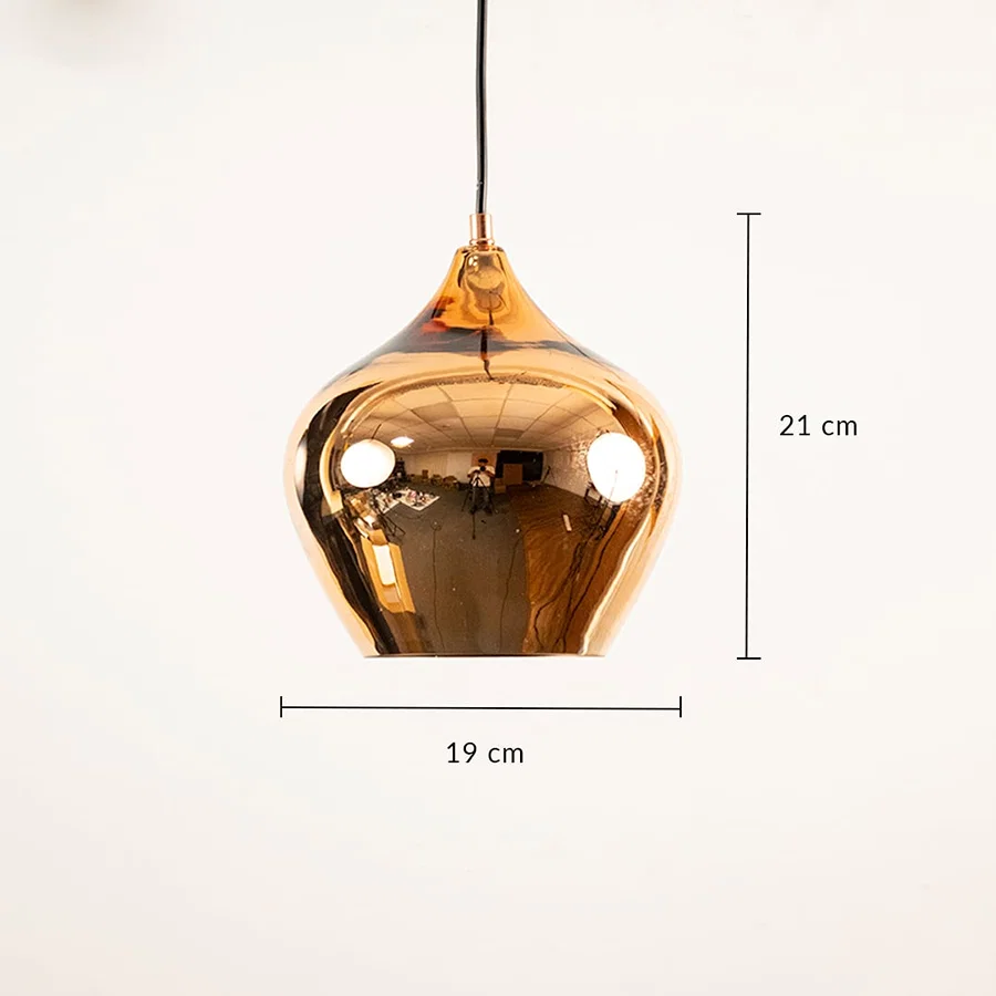 Copper finish glass pendant light dimension image with 19 cm width and 21 cm height for bedside placement.
