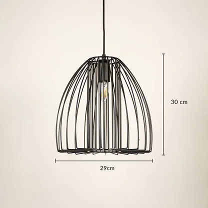 Black metal cage pendant light measuring 30 cm height and 25 cm width for modern dining room ceiling lighting.
