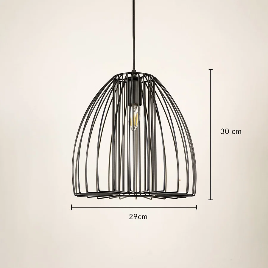 Black metal cage pendant light measuring 30 cm height and 25 cm width for modern dining room ceiling lighting.