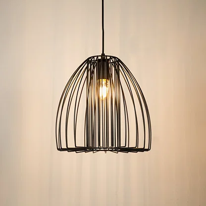 Black metal cage pendant light with open frame design and exposed bulb for stylish modern ceiling lighting.