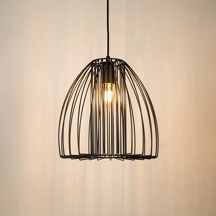 Black metal cage pendant light with open frame design and exposed bulb for stylish modern ceiling lighting.