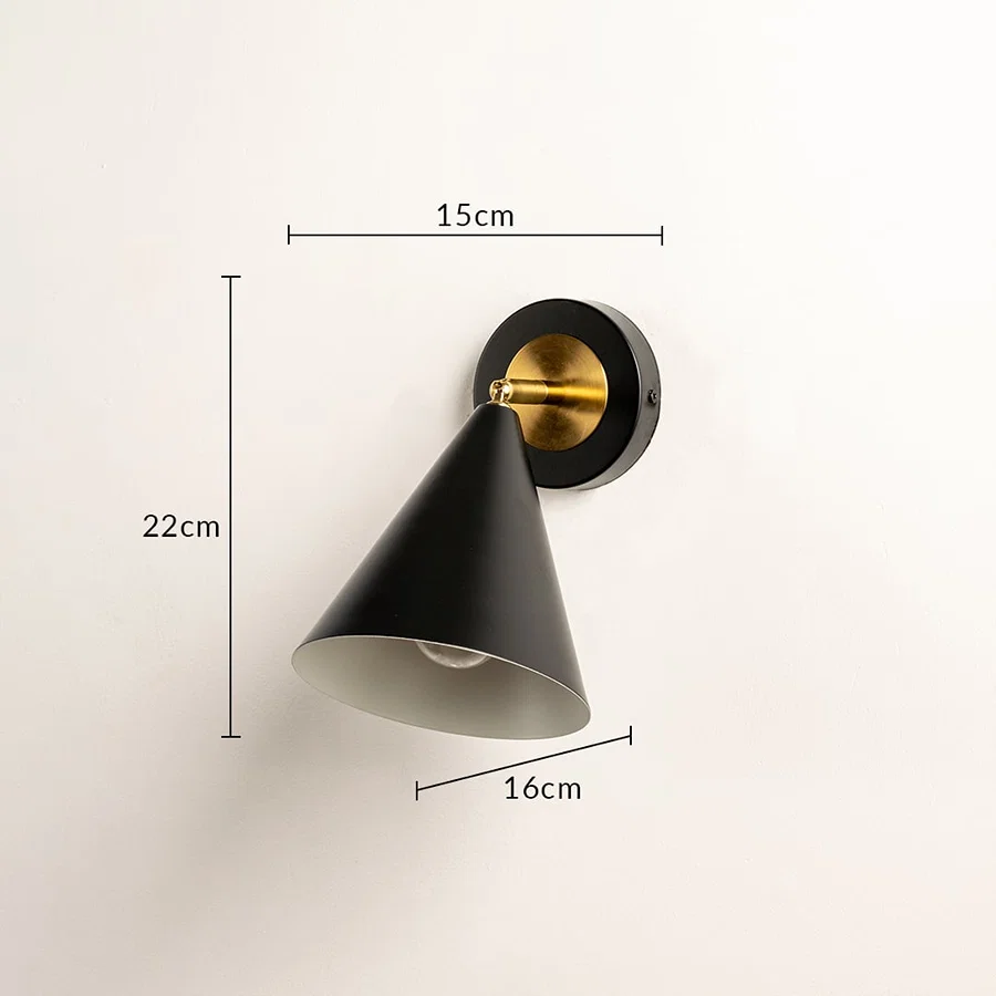 Black and gold wall sconce shown with 22 cm height 15 cm width and 16 cm depth highlighting its compact conical modern lighting design for interior decor.