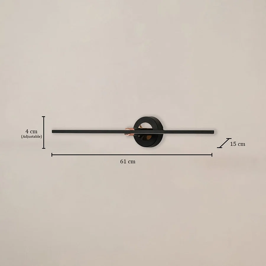 Black metal picture light measuring 61 cm wide and 13 cm deep ideal for modern artwork mirror and gallery lighting.