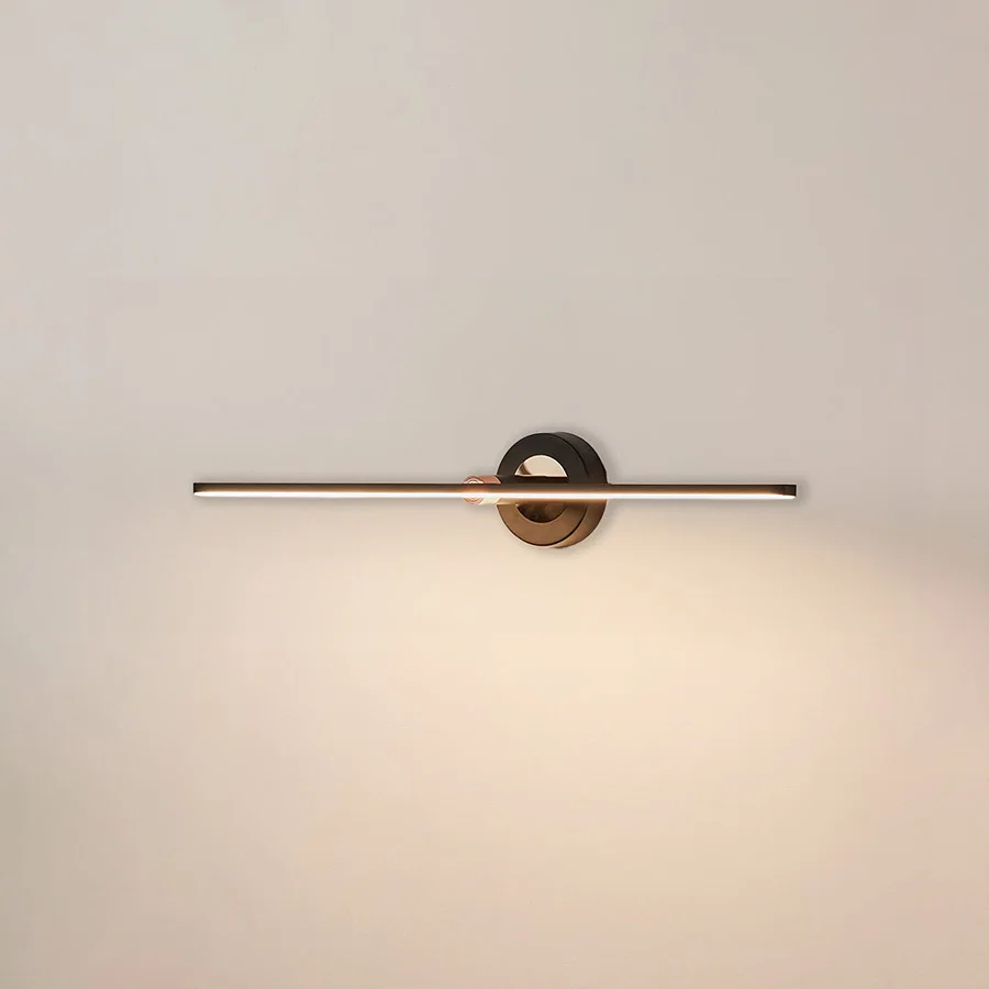 Minimal wall light in black metal finish with linear bar design for bathroom or vanity decor lighting white background.