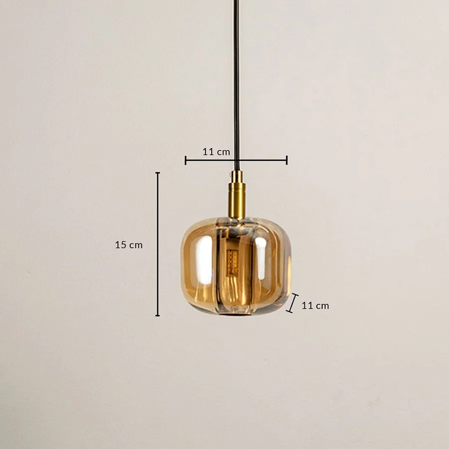 Dimension image of amber glass cube pendant light with brass accents showing 15 cm height and 11 cm width.