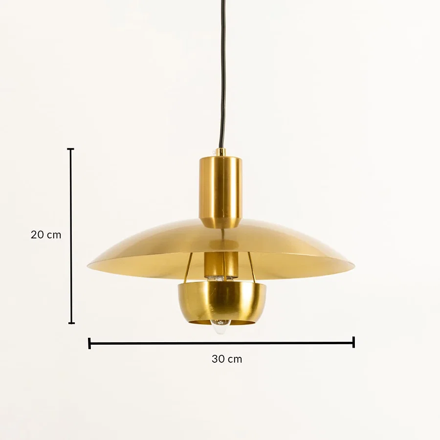 Gold metal disc pendant light dimension image with 30 cm width and 20 cm height for dining room placement.