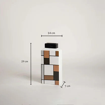 Geometric ceramic vase shown with dimensions 29 cm height 14 cm width and 7 cm depth clearly presenting the product size.
