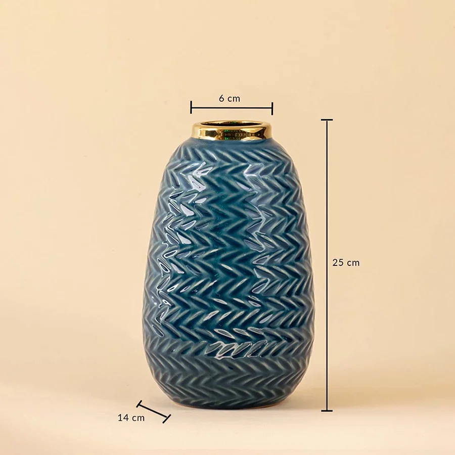 Blue ceramic vase with gold rim featuring 25 cm height 14 cm base width and 6 cm top diameter displayed on a beige background.