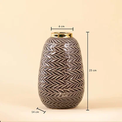Grey ceramic vase with gold rim featuring 25 cm height 14 cm base width and 6 cm top opening displayed on beige background.