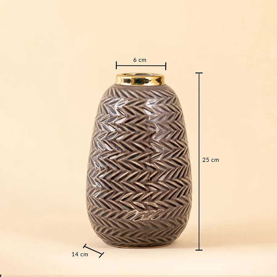 Grey ceramic vase with gold rim featuring 25 cm height 14 cm base width and 6 cm top opening displayed on beige background.