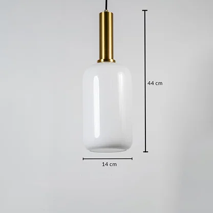 White glass pendant light measuring 14 cm width and 44 cm height crafted for sophisticated ceiling lighting decor.