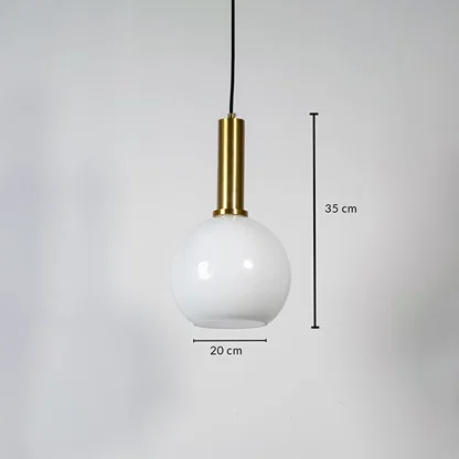 White glass globe pendant light measuring 20 cm width and 33 cm height crafted for elegant ceiling lighting decor.