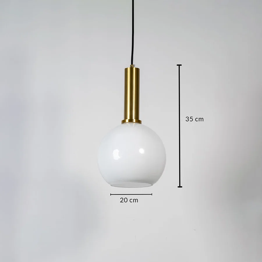 White glass globe pendant light measuring 20 cm width and 33 cm height crafted for elegant ceiling lighting decor.